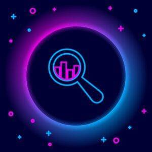 Glowing neon line Magnifying glass and data analysis icon isolated on black background. Colorful outline concept. Vector